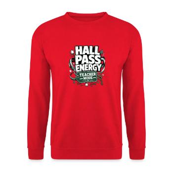 Funny Gift Shirts, Hall Pass Energy Teacher Mode - Unisex Sweatshirt - red - Front - Alina (178cm) & Michal (187cm)