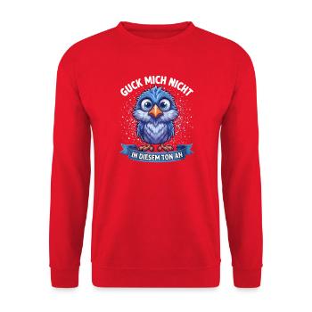 Blauer Papagei Spruch: Guck Mich Nicht - Unisex Pullover - Rot - Vorne - Alina (178cm) & Michal (187cm)