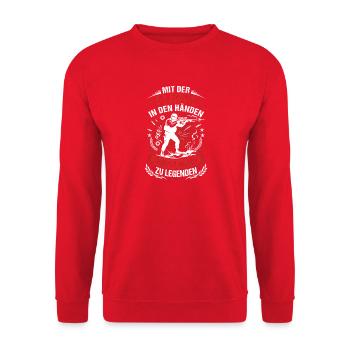 Flinte in der Hand: Heldenlegende - Unisex Pullover - Rot - Vorne - Alina (178cm) & Michal (187cm)