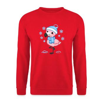 Winter Flamingo mit Schal - Unisex Pullover - Rot - Vorne - Alina (178cm) & Michal (187cm)