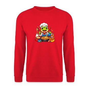 Kochfrosch beim Waffelbacken - Unisex Pullover - Rot - Vorne - Alina (178cm) & Michal (187cm)