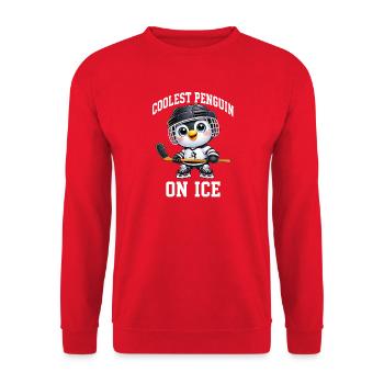 Cooler Pinguin Eishockey Spieler Cartoon - Unisex Pullover - Rot - Vorne - Alina (178cm) & Michal (187cm)
