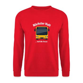 Lustiger Spruch Nächster Halt Die Fresse - Unisex Pullover - Rot - Vorne - Alina (178cm) & Michal (187cm)