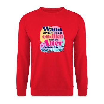 Wann verhälst du dich deinem Alter entsprechend? - Unisex Pullover - Rot - Vorne - Alina (178cm) & Michal (187cm)