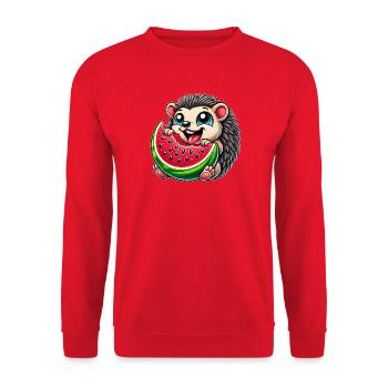 Niedlicher Igel Isst Wassermelone Sommer Fruchtig  - Unisex Pullover - Rot - Vorne - Alina (178cm) & Michal (187cm)