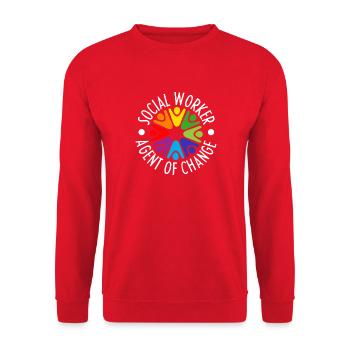 Social Worker Quote Agent Of Change Social Work - Unisex Pullover - Rot - Vorne - Alina (178cm) & Michal (187cm)