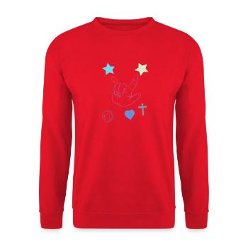 Rockhand mit Sternen und Herz - Unisex Pullover - Rot - Vorne - Alina (178cm) & Michal (187cm)
