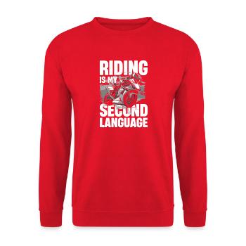 Motorradfahren Ist Meine Zweite Sprache - Unisex Pullover - Rot - Vorne - Alina (178cm) & Michal (187cm)