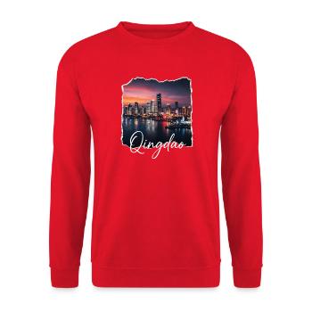 Qingdao Abend Skyline - Unisex Pullover - Rot - Vorne - Alina (178cm) & Michal (187cm)