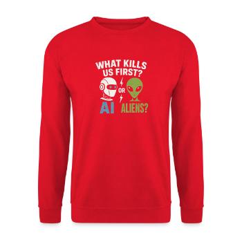 AI or Aliens – Which Will Catch Us First? - Unisex Sweatshirt - red - Front - Alina (178cm) & Michal (187cm)
