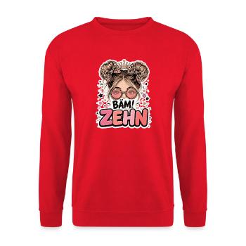 Bäm Zehn: Kawaii Geburtstagslook - Unisex Pullover - Rot - Vorne - Alina (178cm) & Michal (187cm)
