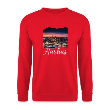 Aarhus Hafenpanorama Dämmerung - Unisex Pullover - Rot - Vorne - Alina (178cm) & Michal (187cm)