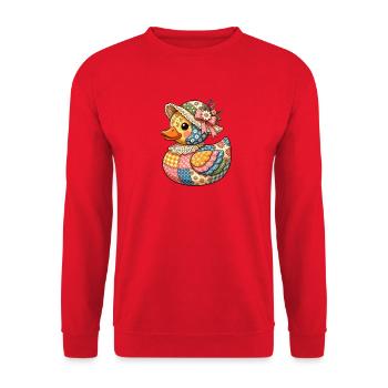 Patchwork Ente mit Blumenhut - Unisex Pullover - Rot - Vorne - Alina (178cm) & Michal (187cm)