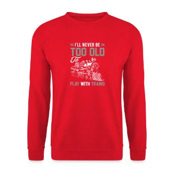 Never too old to play with trains - Unisex Sweatshirt - red - Front - Alina (178cm) & Michal (187cm)