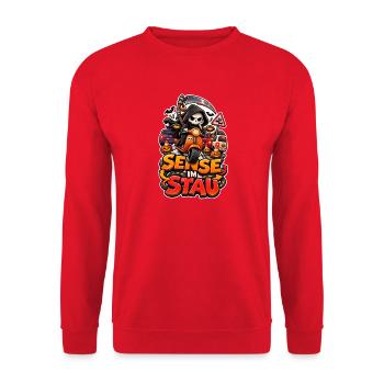 Sensenmann Roller Halloween Spruch Sense im Stau - Unisex Pullover - Rot - Vorne - Alina (178cm) & Michal (187cm)