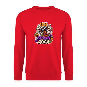 Ich spinn doch Halloween Spinne Strickmotiv lustig - Unisex Pullover - Rot - Vorne - Alina (178cm) & Michal (187cm)