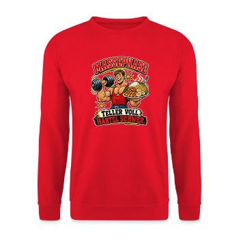 Massephase – Teller voll, Hantel schwer - Unisex Pullover - Rot - Vorne - Alina (178cm) & Michal (187cm)