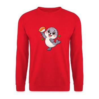 Robbenbaby balanciert einen Lachs Nigiri - Unisex Pullover - Rot - Vorne - Alina (178cm) & Michal (187cm)