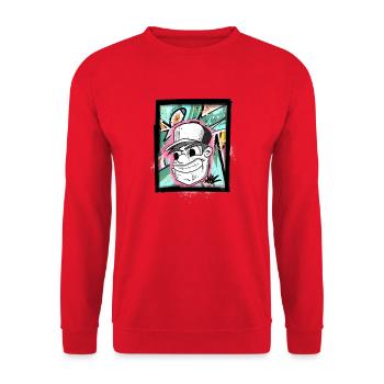Graffiti Chracter | Street Art Figur mit Cap - Unisex Pullover - Rot - Vorne - Alina (178cm) & Michal (187cm)