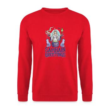 Samhain-Grüße Halloween Samhain Wicca Wiccan - Unisex Pullover - Rot - Vorne - Alina (178cm) & Michal (187cm)