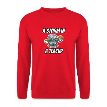 Ein Sturm in einer Teetasse – Lustiger Cartoon mit wörtlicher Redewendung - Unisex Pullover - Rot - Vorne - Alina (178cm) & Michal (187cm)