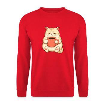 Orangefarbene getigerte Katze braucht Kaffee, um zu funktionieren - Unisex Pullover - Rot - Vorne - Alina (178cm) & Michal (187cm)