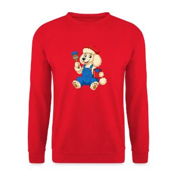 Pudel-Künstler malt mit Baskenmütze und Latzhose - Unisex Pullover - Rot - Vorne - Alina (178cm) & Michal (187cm)