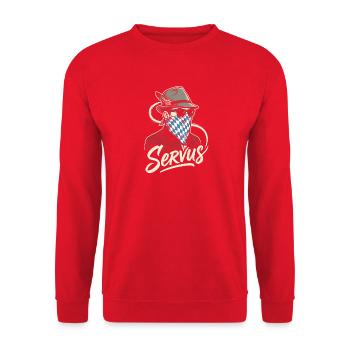 Servus Mann Mit Hut Und Tuch Bayern Berge - Unisex Pullover - Rot - Vorne - Alina (178cm) & Michal (187cm)