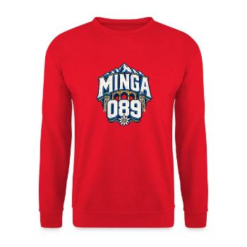 Minga 089 – München Alpen und Stadtsilhouette - Unisex Pullover - Rot - Vorne - Alina (178cm) & Michal (187cm)