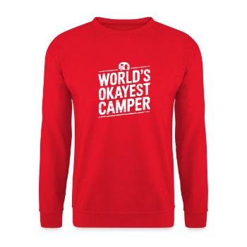  World's Okayest Camper Lustiger Camping Spruch - Unisex Pullover - Rot - Vorne - Alina (178cm) & Michal (187cm)