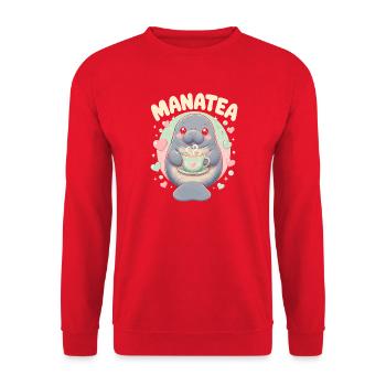 Manatea Niedlicher Manati Trinkt Tee Meerkuh - Unisex Pullover - Rot - Vorne - Alina (178cm) & Michal (187cm)