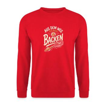 Aus Dem Weg Ich Muss Backen Bäcker Spruch - Unisex Pullover - Rot - Vorne - Alina (178cm) & Michal (187cm)