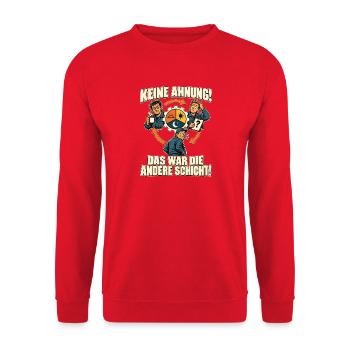 Schichtarbeit – Keine Ahnung, andere Schicht - Unisex Pullover - Rot - Vorne - Alina (178cm) & Michal (187cm)