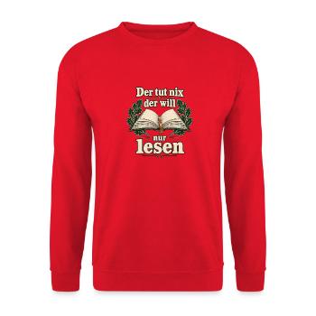 Lesen Spruch – Der tut nix, der will nur lesen - Unisex Pullover - Rot - Vorne - Alina (178cm) & Michal (187cm)