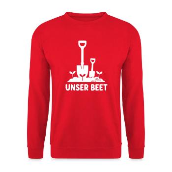 Unser Beet Garten Spaten Schaufel Gärtner Shirt - Unisex Pullover - Rot - Vorne - Alina (178cm) & Michal (187cm)