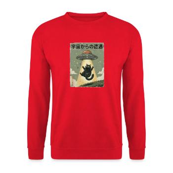 UFO Katze Begegnung im All - Unisex Pullover - Rot - Vorne - Alina (178cm) & Michal (187cm)