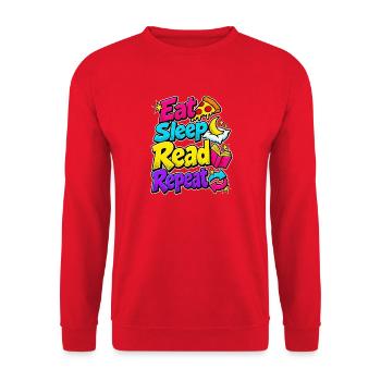 Lesen – Eat Sleep Read Repeat in bunten Neonfarben - Unisex Pullover - Rot - Vorne - Alina (178cm) & Michal (187cm)