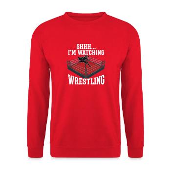 Pssst, ich schaue Wrestling – Wrestling-Fan-Geschenk - Unisex Pullover - Rot - Vorne - Alina (178cm) & Michal (187cm)