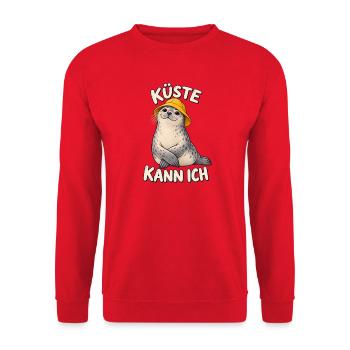 Küste kann ich Robbe mit Südwester - Unisex Pullover - Rot - Vorne - Alina (178cm) & Michal (187cm)