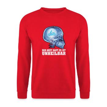 Motorrad Biker Unheilbar Lustiger Spruch Geschenk - Unisex Pullover - Rot - Vorne - Alina (178cm) & Michal (187cm)