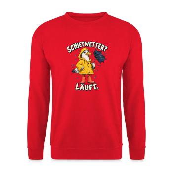 Schietwetter läuft Möwe im Regenmantel - Unisex Pullover - Rot - Vorne - Alina (178cm) & Michal (187cm)