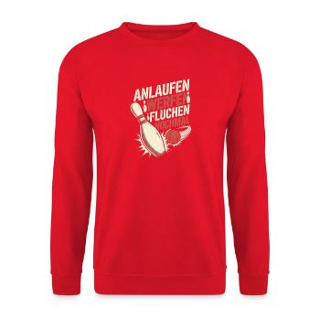 Bowling Anlaufen Werfen Fluchen Nochmal Spruch - Unisex Pullover - Rot - Vorne - Alina (178cm) & Michal (187cm)