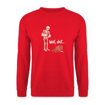 Skelett mit Cannabis-Spruch - Unisex Pullover - Rot - Vorne - Alina (178cm) & Michal (187cm)