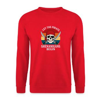Halloween Skull lässt Piraten Unfug beginnen - Unisex Pullover - Rot - Vorne - Alina (178cm) & Michal (187cm)