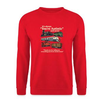 Zugfakten Spezialinteresse – lustiger Eisenbahnfan-Humor - Unisex Pullover - Rot - Vorne - Alina (178cm) & Michal (187cm)