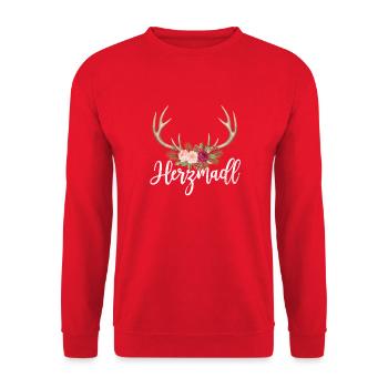 Herzmadl Hirsch Geweih Tracht Alpen Geschenk - Unisex Pullover - Rot - Vorne - Alina (178cm) & Michal (187cm)