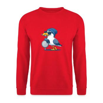 Coole Möwe mit Sonnenbrille und Fisch - Unisex Pullover - Rot - Vorne - Alina (178cm) & Michal (187cm)