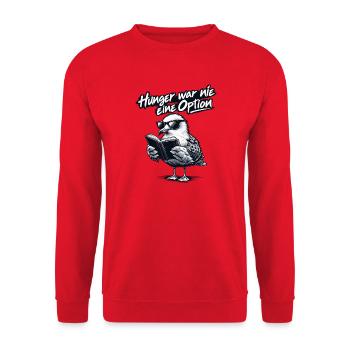 Coole Möve mit Buch "Hunger war nie eine Option"  - Unisex Pullover - Rot - Vorne - Alina (178cm) & Michal (187cm)