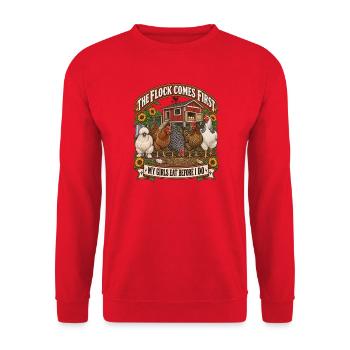 Flock Comes First: Meine Hühner essen zuerst - Unisex Pullover - Rot - Vorne - Alina (178cm) & Michal (187cm)