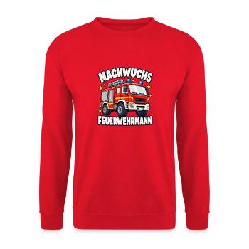 Nachwuchs Feuerwehrmann mit Feuerwehrauto - Unisex Pullover - Rot - Vorne - Alina (178cm) & Michal (187cm)
